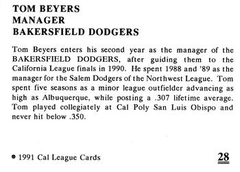 1991 Cal League Bakersfield Dodgers #28 Tom Beyers Back