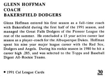 1991 Cal League Bakersfield Dodgers #30 Glenn Hoffman Back