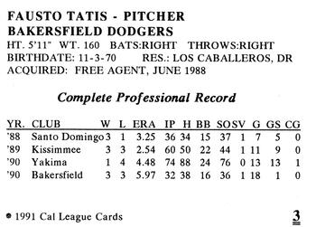 1991 Cal League Bakersfield Dodgers #3 Fausto Tatis Back
