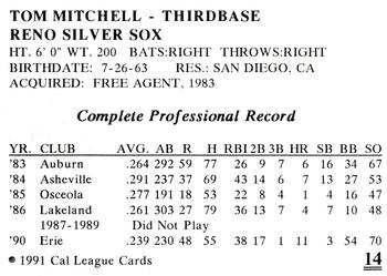 1991 Cal League Reno Silver Sox #14 Tom Mitchell Back