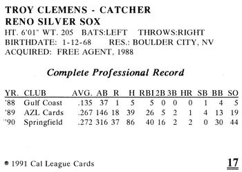 1991 Cal League Reno Silver Sox #17 Troy Clemens Back