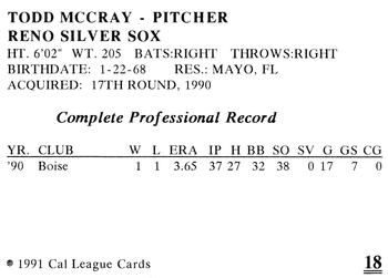 1991 Cal League Reno Silver Sox #18 Todd McCray Back