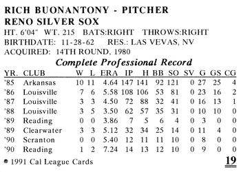 1991 Cal League Reno Silver Sox #19 Rich Buonantony Back