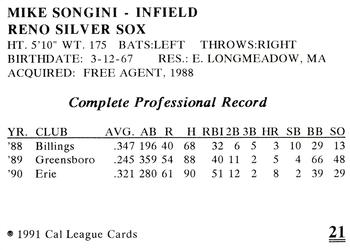 1991 Cal League Reno Silver Sox #21 Mike Songini Back