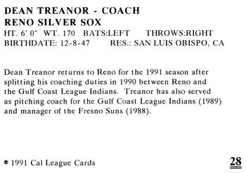 1991 Cal League Reno Silver Sox #28 Dean Treanor Back