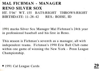 1991 Cal League Reno Silver Sox #29 Mal Fichman Back