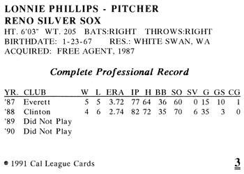 1991 Cal League Reno Silver Sox #3 Lonnie Phillips Back
