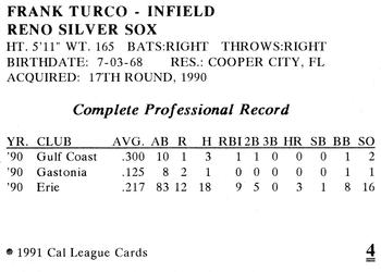 1991 Cal League Reno Silver Sox #4 Frank Turco Back