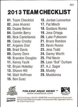 2013 Choice Toledo Mud Hens #1 Team Checklist Back