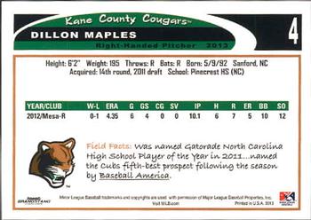 2013 Grandstand Kane County Cougars #20 Dillon Maples Back