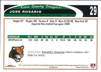 2013 Grandstand Kane County Cougars #26 Jose Rosario Back