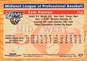 2009 Grandstand Midwest League Top Prospects #NNO Sam Runion Back