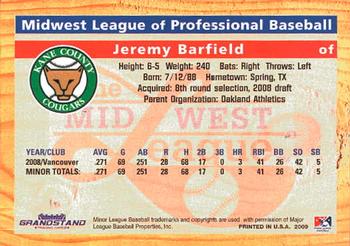 2009 Grandstand Midwest League Top Prospects #NNO Jeremy Barfield Back