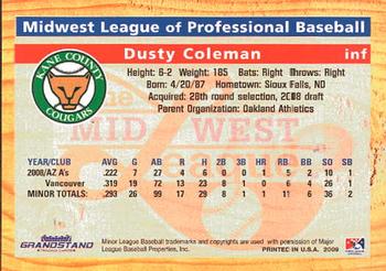 2009 Grandstand Midwest League Top Prospects #NNO Dusty Coleman Back