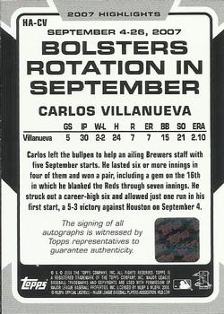 2008 Topps - 2007 Highlights Autographs #HA-CV Carlos Villanueva Back