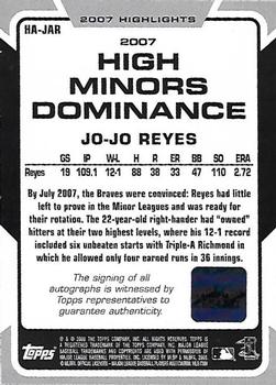 2008 Topps - 2007 Highlights Autographs #HA-JAR Jo-Jo Reyes Back