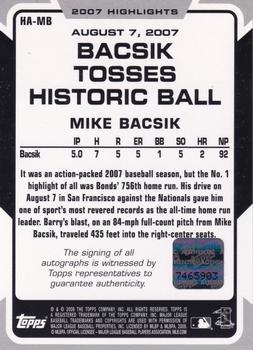 2008 Topps - 2007 Highlights Autographs #HA-MB Mike Bacsik Back