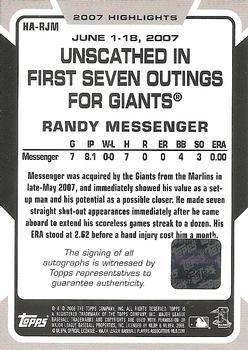 2008 Topps - 2007 Highlights Autographs #HA-RJM Randy Messenger Back