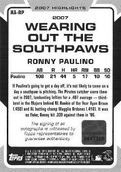 2008 Topps - 2007 Highlights Autographs #HA-RP Ronny Paulino Back