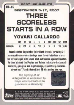 2008 Topps - 2007 Highlights Autographs #HA-YG Yovani Gallardo Back