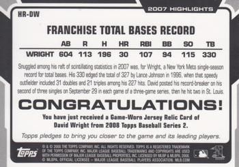 2008 Topps - 2007 Highlights Relics #HR-DW David Wright Back