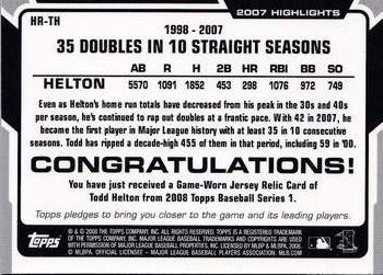 2008 Topps - 2007 Highlights Relics #HR-TH Todd Helton Back