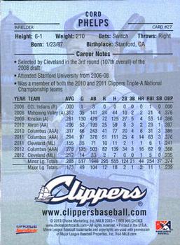 2013 Choice Columbus Clippers #27 Cord Phelps Back