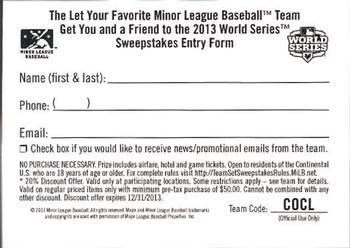 2013 Choice Columbus Clippers #37 Contest Card Back