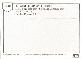 1989 ProCards Eastern League Diamond Diplomacy #DD10 Alexander Dundik Back