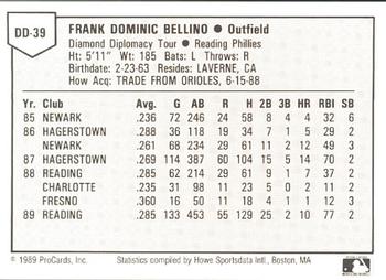 1989 ProCards Eastern League Diamond Diplomacy #DD39 Frank Bellino Back