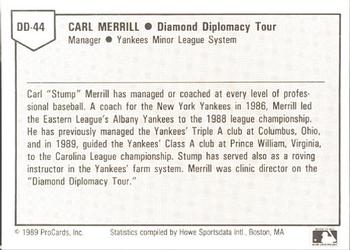 1989 ProCards Eastern League Diamond Diplomacy #DD44 Stump Merrill Back