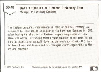 1989 ProCards Eastern League Diamond Diplomacy #DD46 Dave Trembley Back