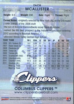 2012 Choice Columbus Clippers #22 Zach McAllister Back