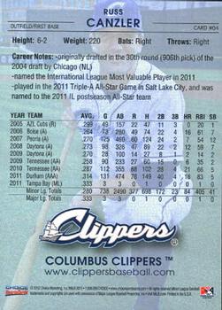 2012 Choice Columbus Clippers #4 Russ Canzler Back
