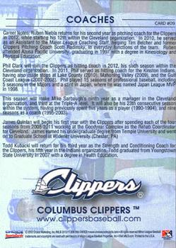 2012 Choice Columbus Clippers #9 Coaches (Ruben Niebla / Phil Clark / Mike Sarbaugh / James Quinlan / Todd Kubacki) Back