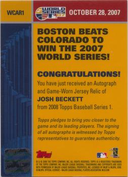 2008 Topps - World Champion Autograph Relics #WCAR1 Josh Beckett Back