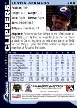 2011 Choice Columbus Clippers #08 Justin Germano Back