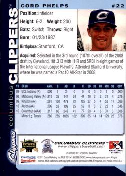2011 Choice Columbus Clippers #22 Cord Phelps Back