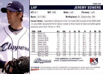 2010 Choice Columbus Clippers #28 Jeremy Sowers Back