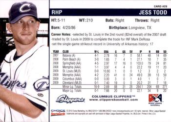 2010 Choice Columbus Clippers #29 Jess Todd Back