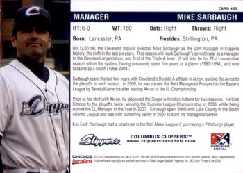 2010 Choice Columbus Clippers #33 Mike Sarbaugh Back