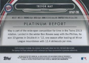2013 Bowman Platinum - Prospect Autographs Blue Refractors #BPAP-TM Trevor May Back
