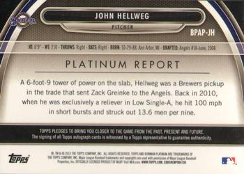 2013 Bowman Platinum - Prospect Autographs Green Refractors #BPAP-JH John Hellweg Back