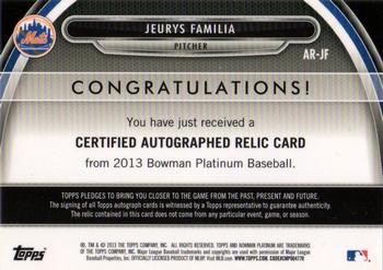 2013 Bowman Platinum - Relic Autographs Blue Refractors #AR-JF Jeurys Familia Back