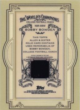 2013 Topps Allen & Ginter - Framed Mini Relics #NBR-BBW Bobby Bowden Back