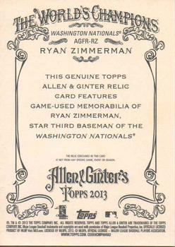 2013 Topps Allen & Ginter - Relics #AGFR-RZ Ryan Zimmerman Back