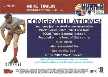 2008 Topps - Replica Mini Jersey Cards #CPR-MT Mike Timlin Back