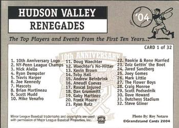 2004 Grandstand Hudson Valley Renegades 10th Anniversary #1 10th Anniversary Logo Back