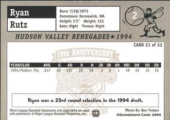 2004 Grandstand Hudson Valley Renegades 10th Anniversary #21 Ryan Rutz Back