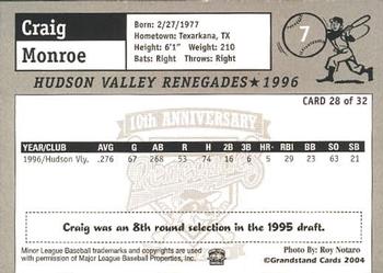 2004 Grandstand Hudson Valley Renegades 10th Anniversary #28 Craig Monroe Back